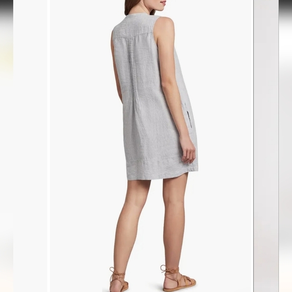 Faherty Isha Linen Swing Dress Size Medium Pockets Blue White Stripe Mini Beach - Picture 3 of 13